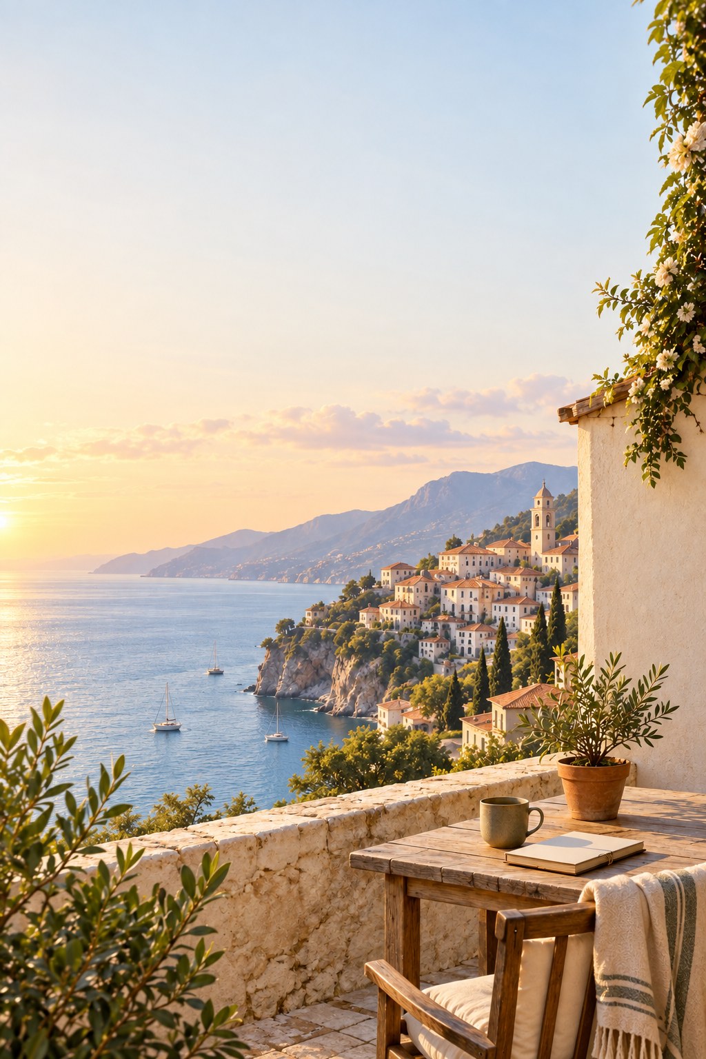 A quiet Mediterranean terrace overlooking a coastal village and sea